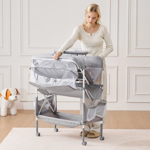 Baby puslebord, 76.2x75x100.5-108 cm, lysegrå, stofopbevaring