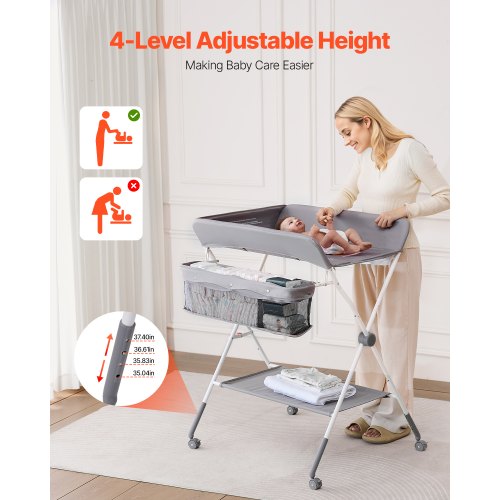Baby puslebord, 84.8x74.5x103-109 cm, lysegrå, foldbar opbevaring