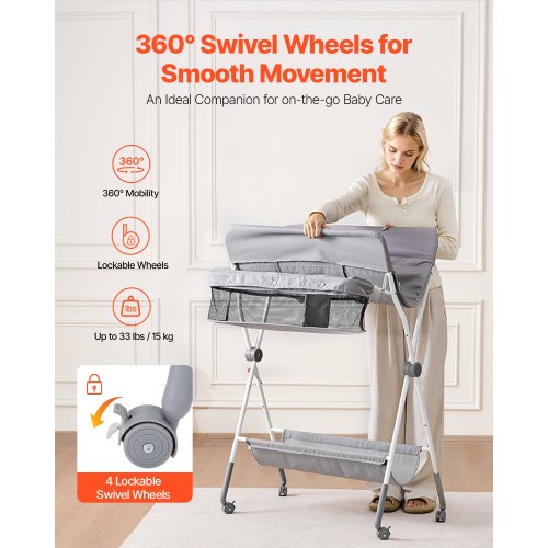Baby puslebord, 84.8x74.5x103-109 cm, lysegrå, foldbar opbevaring