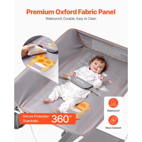 Baby puslebord, 84.8x74.5x103-109 cm, lysegrå, foldbar opbevaring