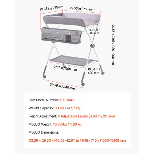 Baby puslebord, 84.8x74.5x103-109 cm, lysegrå, foldbar opbevaring