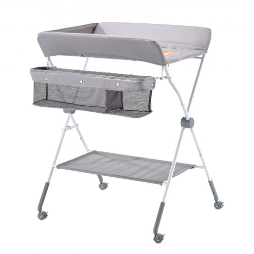 Baby puslebord, 84.8x74.5x103-109 cm, lysegrå, foldbar opbevaring
