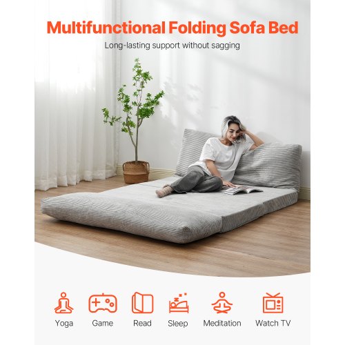Sovesofa, Foldbar 3-i-1 Konvertibel Sofa, 241x136x12 cm, Grå, Memory Skum