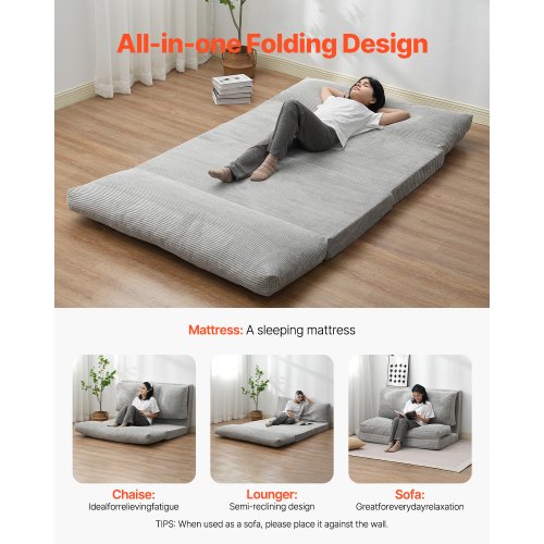 Sovesofa, Foldbar 3-i-1 Konvertibel Sofa, 241x136x12 cm, Grå, Memory Skum