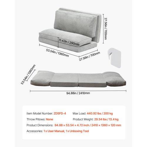 Sovesofa, Foldbar 3-i-1 Konvertibel Sofa, 241x136x12 cm, Grå, Memory Skum
