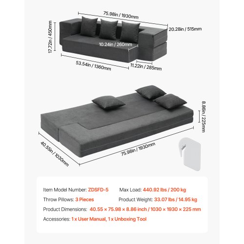 Sammenklappelig sovesofa 103x193x22,5 cm mørkegrå, memoryskum