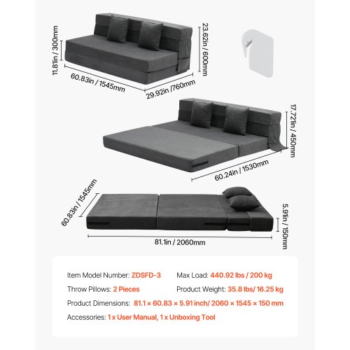 Sammenklappelig sovesofa, 206x154,5x15 cm, mørkegrå, memoryskum