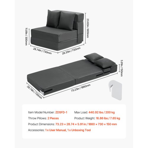 Sovesofa, Foldbar 3-i-1 Sofa 186x73x15 cm, Mørkegrå, Memory Skum