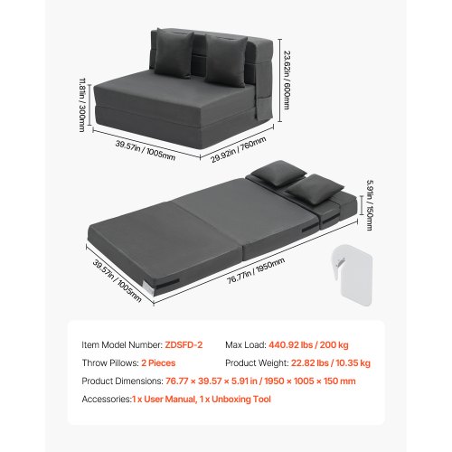 Sammenklappelig sovesofa, 195x100,5x15 cm, mørkegrå, memoryskum