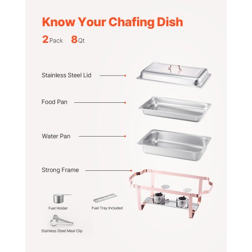 Chafing Dish Buffet Sæt, 8 Qt 2-pak, Rustfrit Stål, Rosaguld
