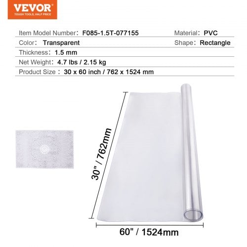 Bordbeskytter, 76,2x152,4 cm, Transparent, PVC