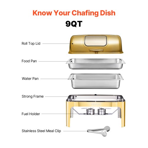 Chafing-astia setti, Roll Top Buffet 9QT ruostumaton teräs kulta