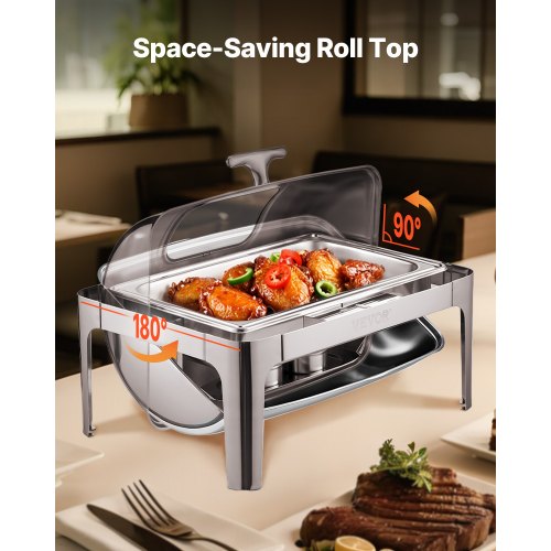 Chafing Dish Sæt, Roll Top Buffet Server 9 Qt med 2 Halve Bægre, Rustfrit Stål, Sølv