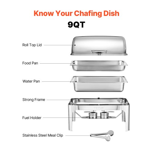 Chafing Dish Set, Rolltop Bufféserver 9QT Rostfritt Stål, Silver