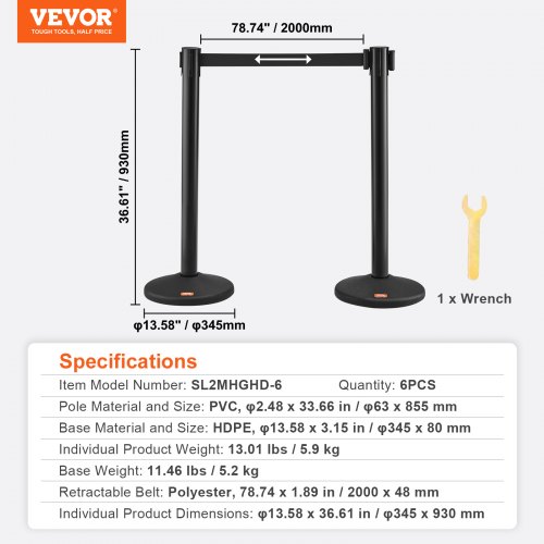 Afspærringsstander sæt, 6-pak, 34,5x93 cm, Sort, Plast
