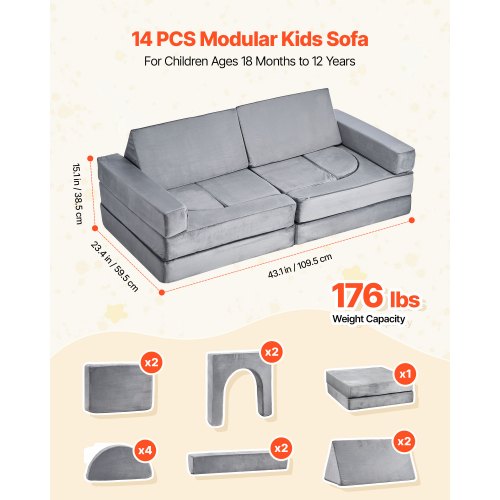 Børns modulære lege-sofa, 140,5x70x53 cm, grå, 14-dels sæt