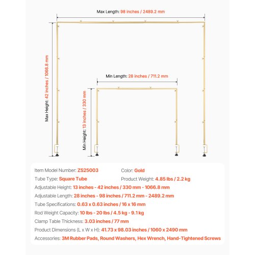 Bordbue Stativ, Justerbar 33–106,7×71,1–249 cm, Guld, Metal