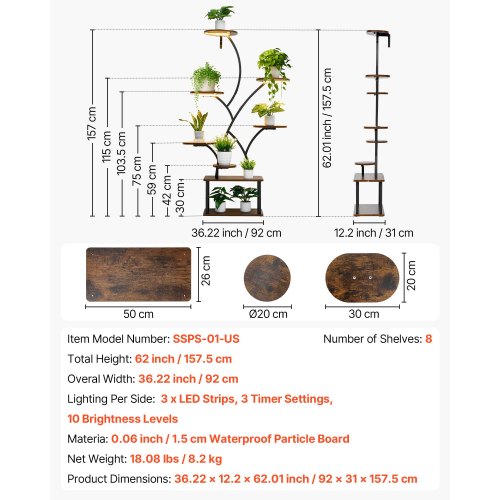 Planteopsats, 92x31x157,5 cm, Metal, Indendørs med vækstlys