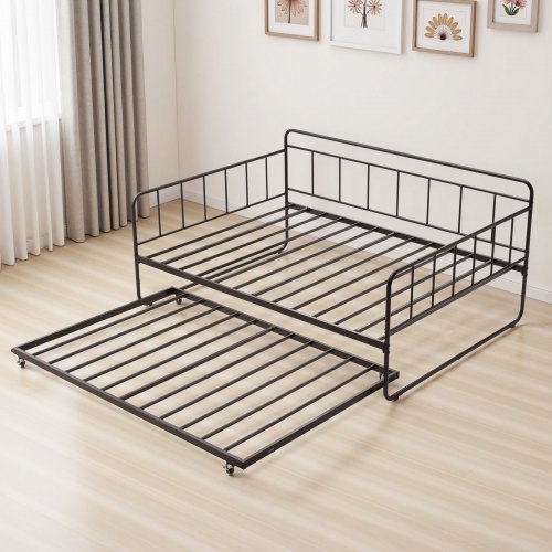 Daybed-ramme med udtræksseng, 196x140,5x90 cm, Sort, Metal