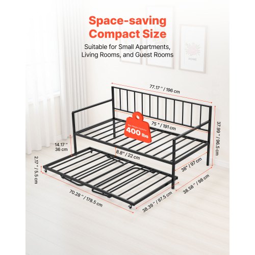 Daybed-ramme, højdejusterbar med udtræksseng 196x98x96,5 cm, sort, metal