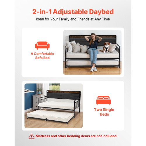 Daybed med udtræksseng, 196x115x114 cm, Sort, Metalramme med opladningsstation
