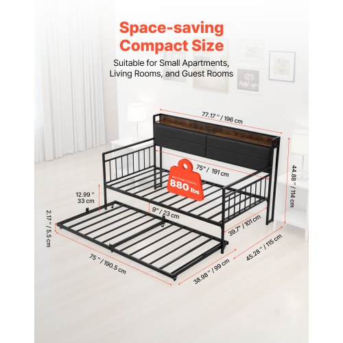 Daybed med udtræksseng, 196x115x114 cm, Sort, Metalramme med opladningsstation