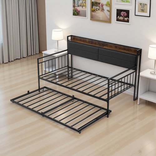 Daybed med udtræksseng, 196x115x114 cm, Sort, Metalramme med opladningsstation