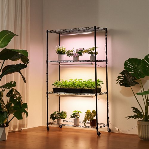 Plantehylde, 4-niveaus indendørs planteholder med vækstlys, 90x35x150 cm, metal