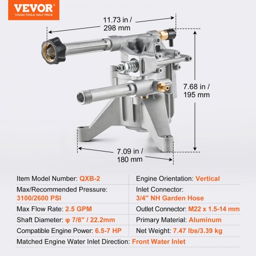 Højtryksrenserpumpe, 22mm aksel vertikal, 214 bar, 9,5 L/min, aluminium