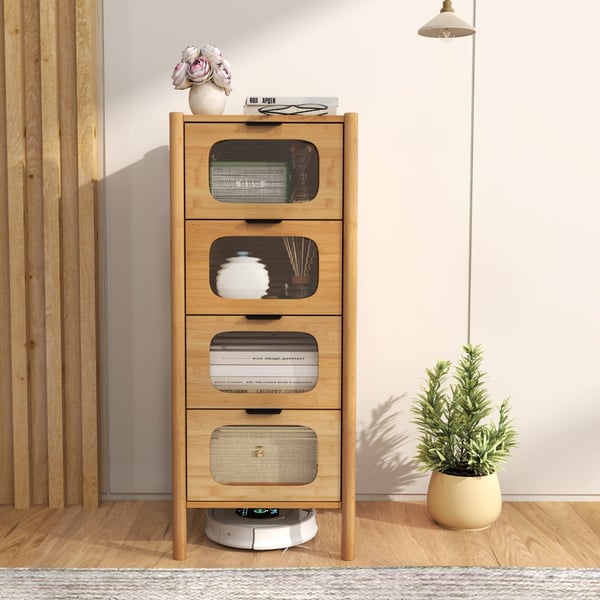 Opbevaringsskab, 3/4-skuffe bambus opbevaringsskab med rillet hærdet glas skuffer, 80x40x78.5 cm, Natur , Star