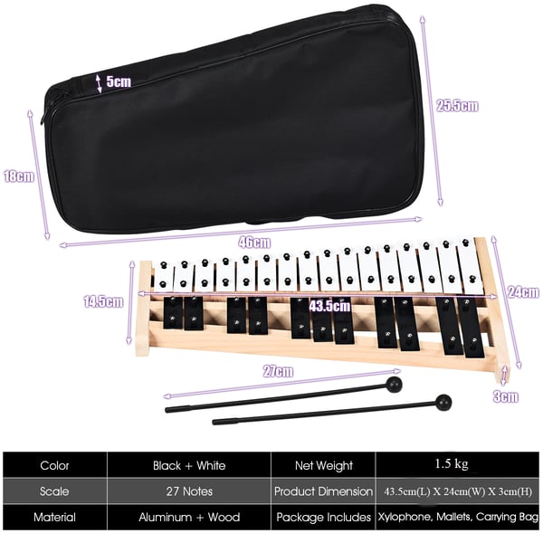 Glockenspiel Xylofon, 43x24x4 cm, Sort Hvid , Star