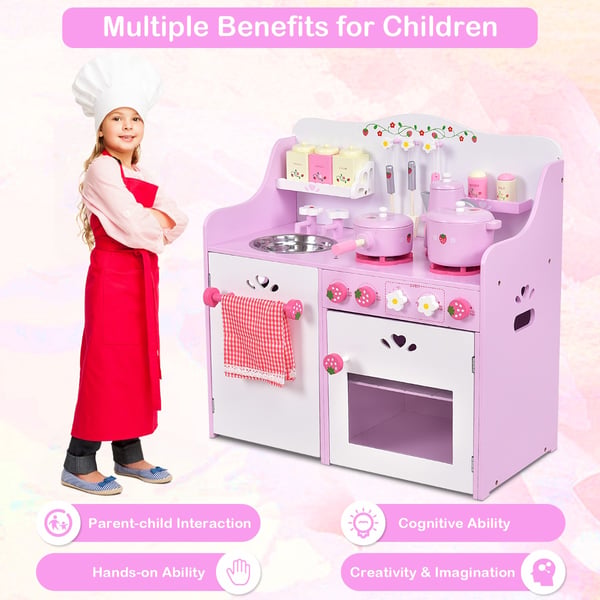 Køkkentøj, Børns Træ Køkkenleg, Jordbær Pretend Cooking Lege sæt, 60×29×62 cm, Pink Hvid , Star