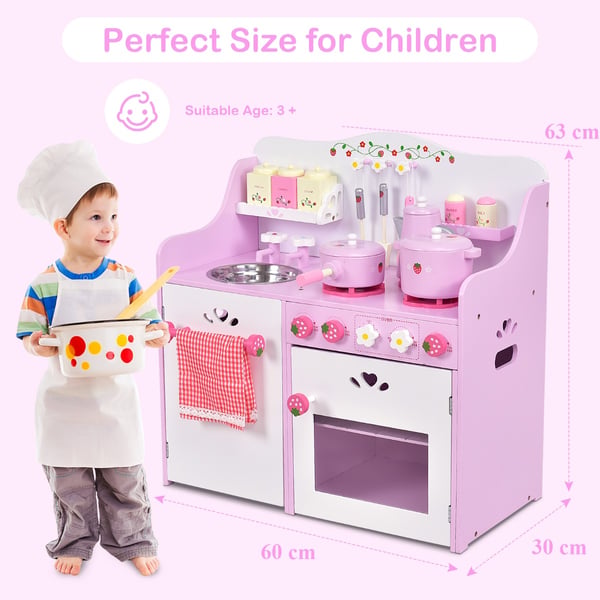 Køkkentøj, Børns Træ Køkkenleg, Jordbær Pretend Cooking Lege sæt, 60×29×62 cm, Pink Hvid , Star