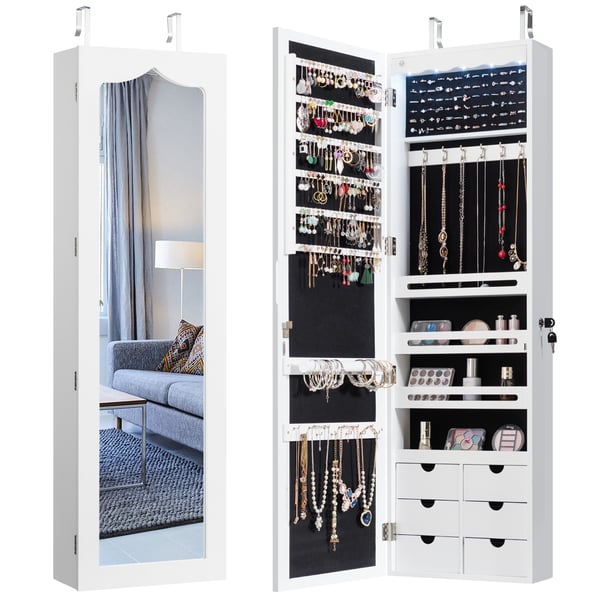 Smykkeskab, 5 LED'er Låsbart Spejl Smykkeskab Med 6 Skuffer, 37×11×121 cm, Hvid , Star