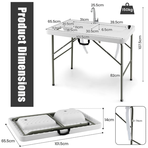 Sammenklappelig fiskefileteringsstation, 101,5x65,5x107,5 cm, hvid , Star