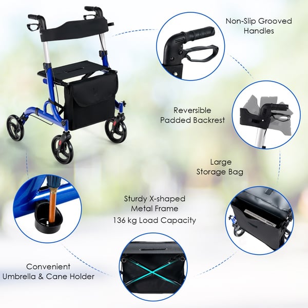 Rollator Walker, 2-i-1 Rollator Walker med sæde, 79,5x61,5x83 cm - 96 cm, Rød/Blå , Star