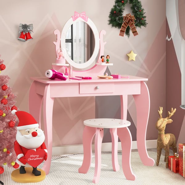 Sminkebord med taburet, 70x34x101 cm, Pink + Hvid , Star