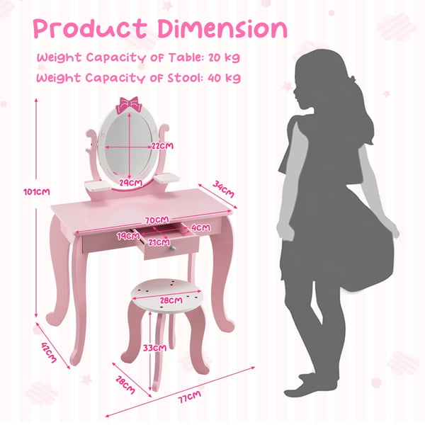 Sminkebord med taburet, 70x34x101 cm, Pink + Hvid , Star