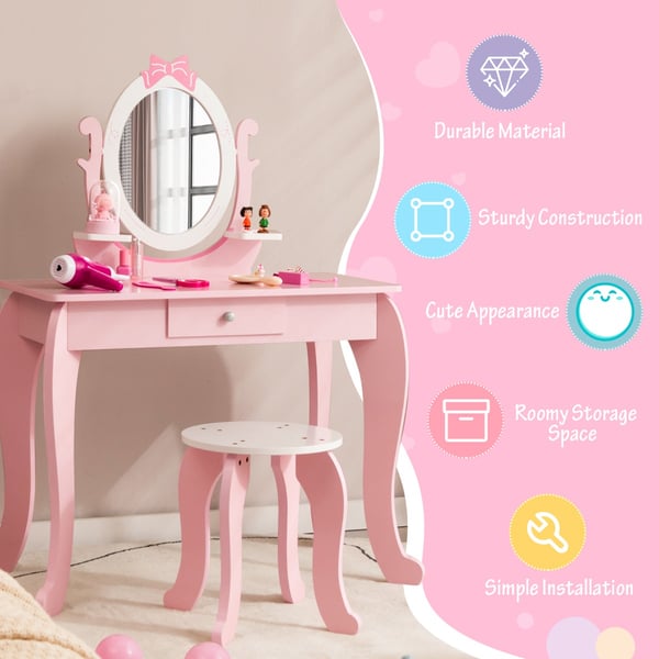 Sminkebord med taburet, 70x34x101 cm, Pink + Hvid , Star