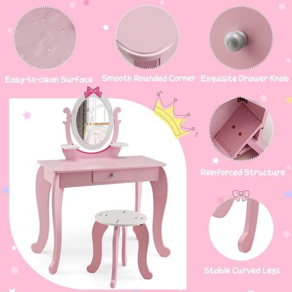 Sminkebord med taburet, 70x34x101 cm, Pink + Hvid , Star