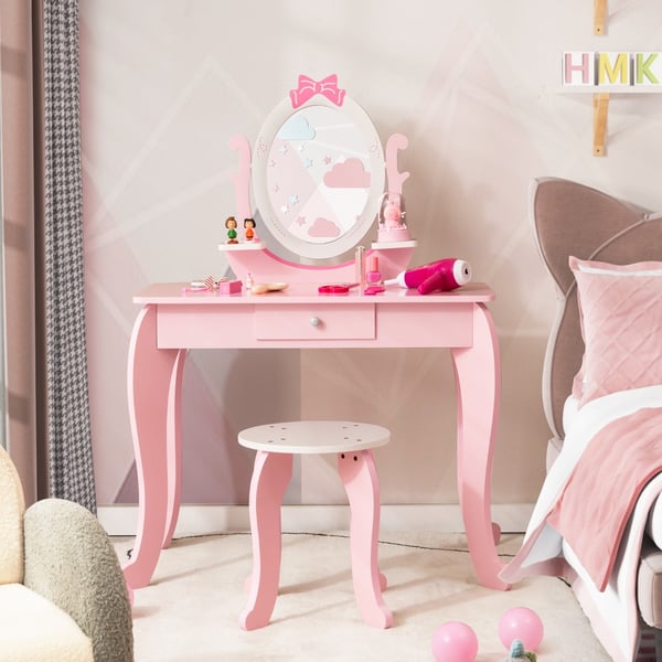 Sminkebord med taburet, 70x34x101 cm, Pink + Hvid , Star