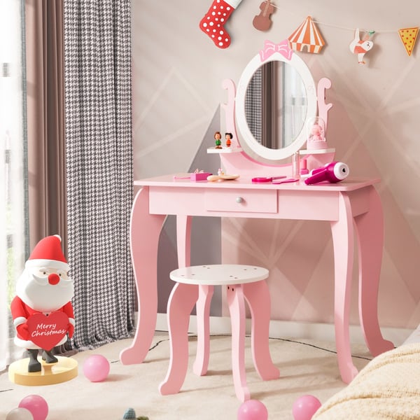Sminkebord med taburet, 70x34x101 cm, Pink + Hvid , Star