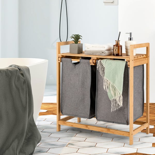 Vasketøjskurv, 2-sektioners bambus vasketøjskurv med dobbelte rum, 64x33x73 cm, hvid , Star