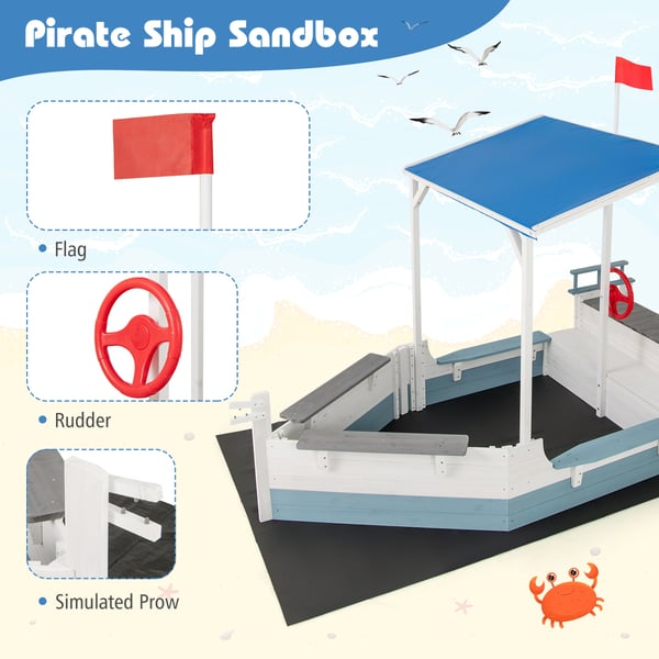 Sandkasse, Piratskib Sandkasse med Baldakcm med Flag Ror Bænk Sæder, Hvid , Star