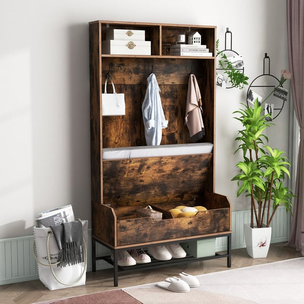 Garderobe, 175 cm høj Garderobe 4-i-1 frakkestativ med sædehynde og skoopbevaring, 90x38x170 cm, Sort , Star