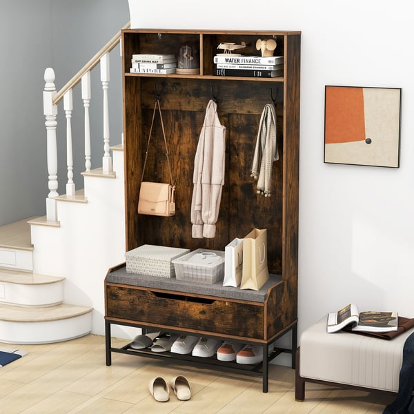 Garderobe, 175 cm høj Garderobe 4-i-1 frakkestativ med sædehynde og skoopbevaring, 90x38x170 cm, Sort , Star