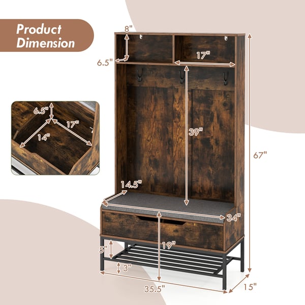 Garderobe, 175 cm høj Garderobe 4-i-1 frakkestativ med sædehynde og skoopbevaring, 90x38x170 cm, Sort , Star