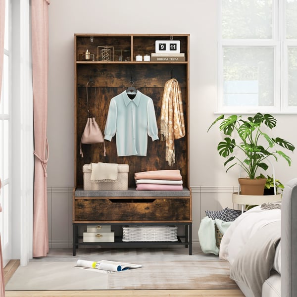 Garderobe, 175 cm høj Garderobe 4-i-1 frakkestativ med sædehynde og skoopbevaring, 90x38x170 cm, Sort , Star
