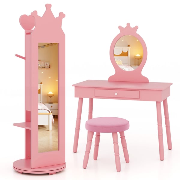 Fuldlængde spejl Børns Smykkeskab, 36×36×112 cm, Pink/Hvid , Star