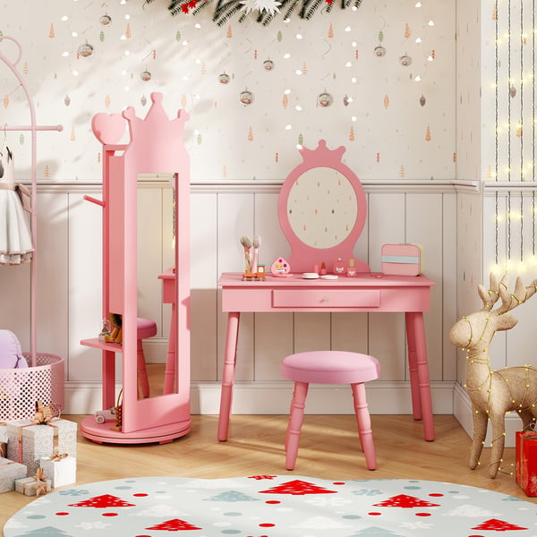 Fuldlængde spejl Børns Smykkeskab, 36×36×112 cm, Pink/Hvid , Star